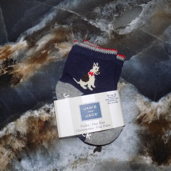 JANIE AND JACK NAVY BLUE SOCKS W/GERMAN SHEPARD SIZE 0/3 MONTHS NEW - Picture 1 of 3